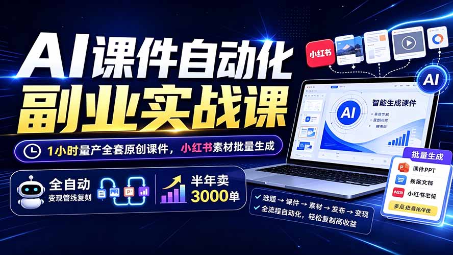 （19518期）AI课件自动化副业实战课：1小时量产全套原创课件×小红书素材批量生成×全自动变现管线×半年卖3000单瀚萌资源网-网赚网-网赚项目网-虚拟资源网-国学资源网-易学资源网-本站有全网最新网赚项目-易学课程资源-中医课程资源的在线下载网站！瀚萌资源网