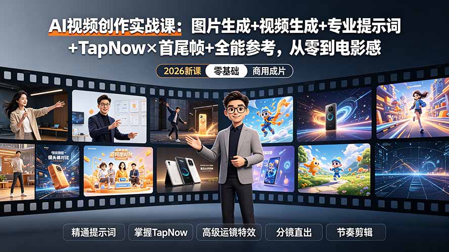 （19383期）AI视频创作实战课：图片生成+视频生成+专业提示词+TapNow×首尾帧+全能参考，从零到电影感成片瀚萌资源网-网赚网-网赚项目网-虚拟资源网-国学资源网-易学资源网-本站有全网最新网赚项目-易学课程资源-中医课程资源的在线下载网站！瀚萌资源网