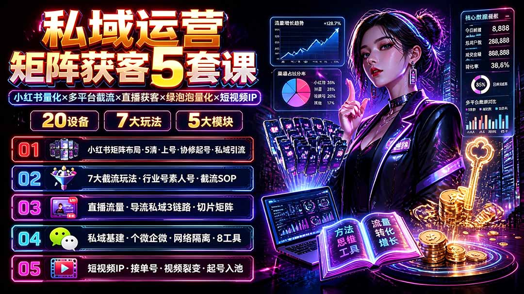 （19617期）私域运营矩阵获客5套课：小红书量化×多平台截流×直播获客×绿泡泡量化×短视频IP×20设备×7大玩法瀚萌资源网-网赚网-网赚项目网-虚拟资源网-国学资源网-易学资源网-本站有全网最新网赚项目-易学课程资源-中医课程资源的在线下载网站！瀚萌资源网