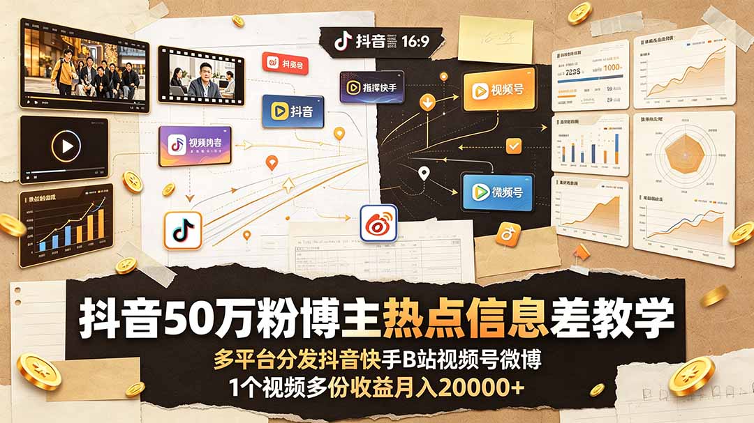 （19145期）抖音50万粉博主热点信息差教学：多平台分发抖音快手B站视频号微博，1个视频多份收益月入20000+瀚萌资源网-网赚网-网赚项目网-虚拟资源网-国学资源网-易学资源网-本站有全网最新网赚项目-易学课程资源-中医课程资源的在线下载网站！瀚萌资源网
