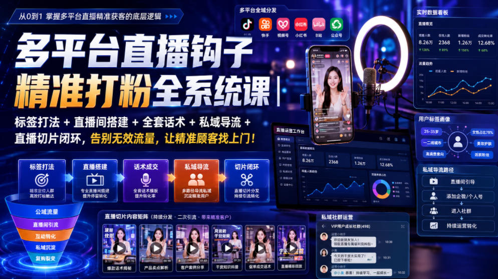 多平台直播钩子精准打粉全系统课｜标签打法+直播间搭建+全套话术+私域导流+直播切片闭环，告别无效流量，让精准顾客找上门！瀚萌资源网-网赚网-网赚项目网-虚拟资源网-国学资源网-易学资源网-本站有全网最新网赚项目-易学课程资源-中医课程资源的在线下载网站！瀚萌资源网