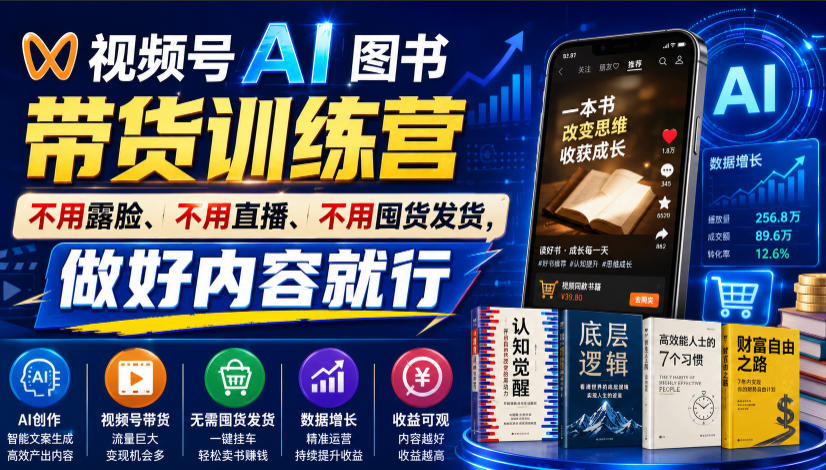视频号AI图书带货训练营，不用露脸、不用直播、不用囤货发货，做好内容就行，一条爆款视频佣金8942瀚萌资源网-网赚网-网赚项目网-虚拟资源网-国学资源网-易学资源网-本站有全网最新网赚项目-易学课程资源-中医课程资源的在线下载网站！瀚萌资源网