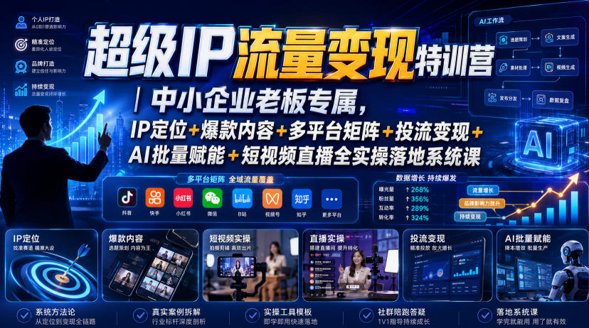 超级IP流量变现特训营｜中小企业老板专属，IP定位+爆款内容+多平台矩阵+投流变现+AI批量赋能+短视频直播全实操落地系统课瀚萌资源网-网赚网-网赚项目网-虚拟资源网-国学资源网-易学资源网-本站有全网最新网赚项目-易学课程资源-中医课程资源的在线下载网站！瀚萌资源网