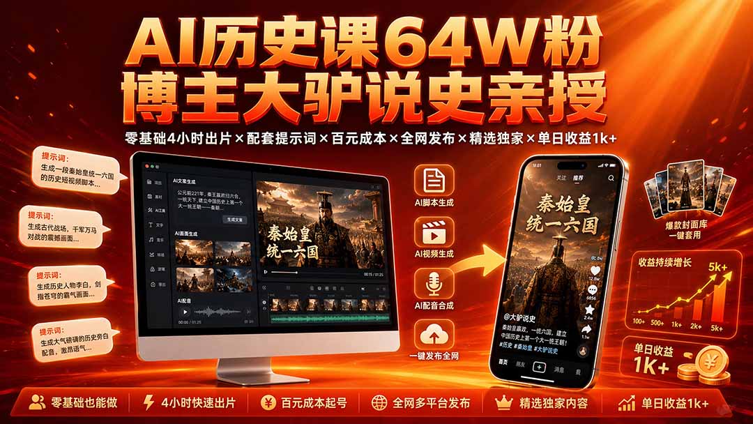 （19557期）AI历史课64W粉博主大驴说史亲授：零基础4小时出片×配套提示词×百元成本×全网发布×精选独家×单日收益1k+瀚萌资源网-网赚网-网赚项目网-虚拟资源网-国学资源网-易学资源网-本站有全网最新网赚项目-易学课程资源-中医课程资源的在线下载网站！瀚萌资源网