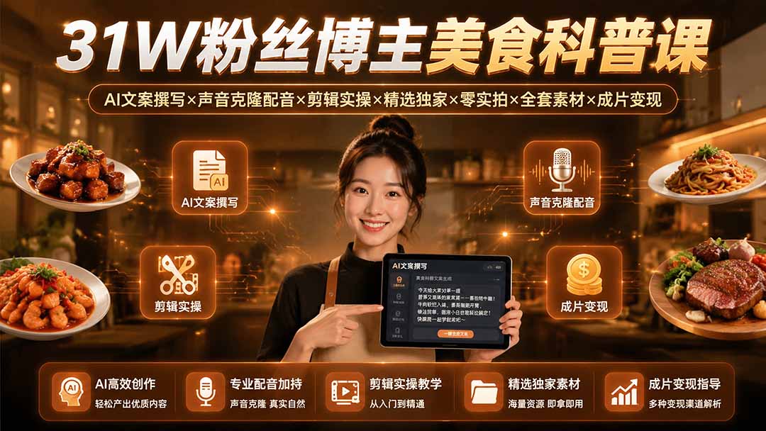 （19558期）31W粉丝博主美食科普课：AI文案撰写×声音克隆配音×剪辑实操×精选独家×零实拍×全套素材×成片变现瀚萌资源网-网赚网-网赚项目网-虚拟资源网-国学资源网-易学资源网-本站有全网最新网赚项目-易学课程资源-中医课程资源的在线下载网站！瀚萌资源网