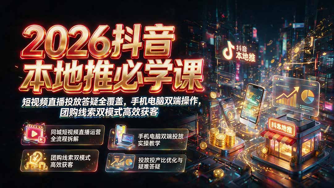 （19618期）2026抖音本地推必学课｜短视频直播投放答疑全覆盖，手机电脑双端操作，团购线索双模式高效获客瀚萌资源网-网赚网-网赚项目网-虚拟资源网-国学资源网-易学资源网-本站有全网最新网赚项目-易学课程资源-中医课程资源的在线下载网站！瀚萌资源网