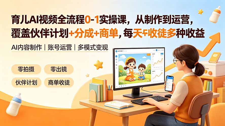 （19236期）育儿AI视频全流程0-1实操课，从制作到运营，覆盖伙伴计划+分成+商单+收徒多种收益，每天500+收益瀚萌资源网-网赚网-网赚项目网-虚拟资源网-国学资源网-易学资源网-本站有全网最新网赚项目-易学课程资源-中医课程资源的在线下载网站！瀚萌资源网