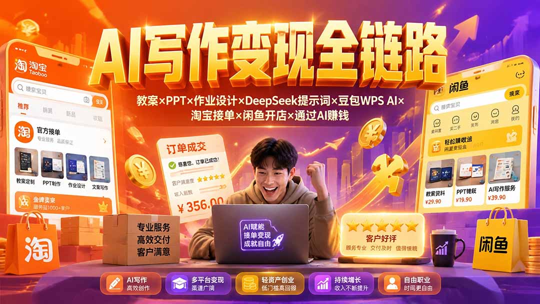 （19561期）2026AI写作变现全链路：教案×PPT×作业设计×DeepSeek提示词×豆包WPS AI×淘宝接单×闲鱼开店×通过AI賺钱瀚萌资源网-网赚网-网赚项目网-虚拟资源网-国学资源网-易学资源网-本站有全网最新网赚项目-易学课程资源-中医课程资源的在线下载网站！瀚萌资源网