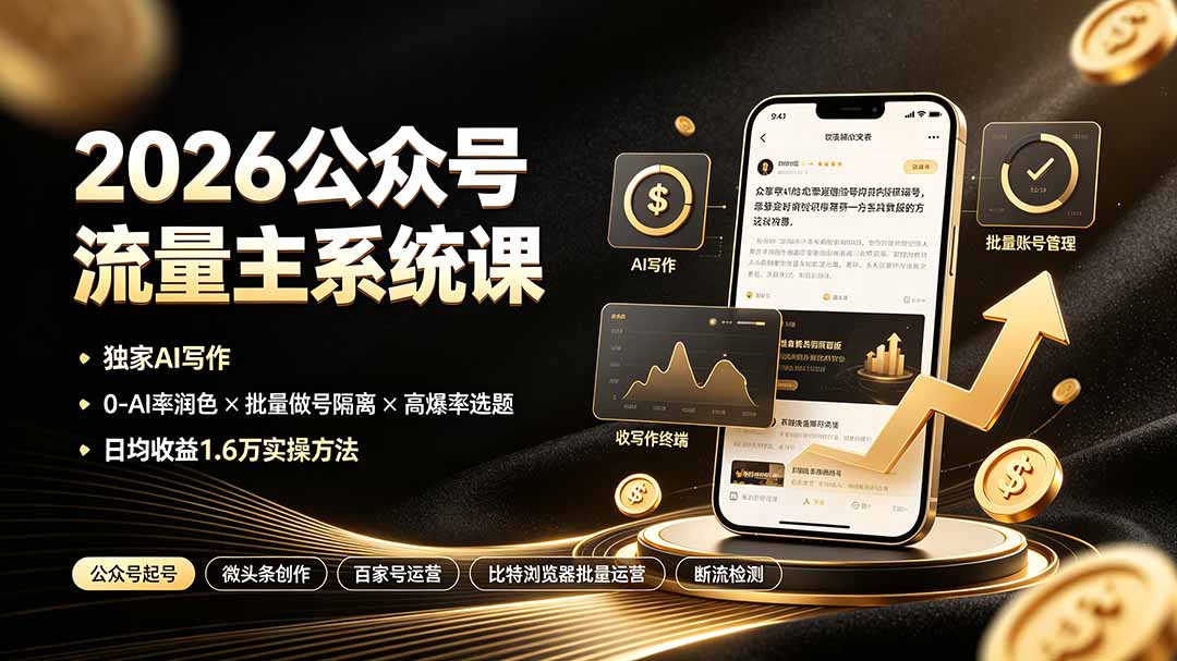 （19405期）2026公众号流量主系统课：独家AI写作×0-AI率润色×批量做号隔离×高爆率选题，日均收益1.6万实操方法瀚萌资源网-网赚网-网赚项目网-虚拟资源网-国学资源网-易学资源网-本站有全网最新网赚项目-易学课程资源-中医课程资源的在线下载网站！瀚萌资源网