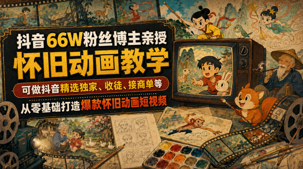 抖音66W粉丝博主亲授怀旧动画教学，可做抖音精选独家、收徒、接商单等，从零基础打造爆款怀旧动画短视频瀚萌资源网-网赚网-网赚项目网-虚拟资源网-国学资源网-易学资源网-本站有全网最新网赚项目-易学课程资源-中医课程资源的在线下载网站！瀚萌资源网