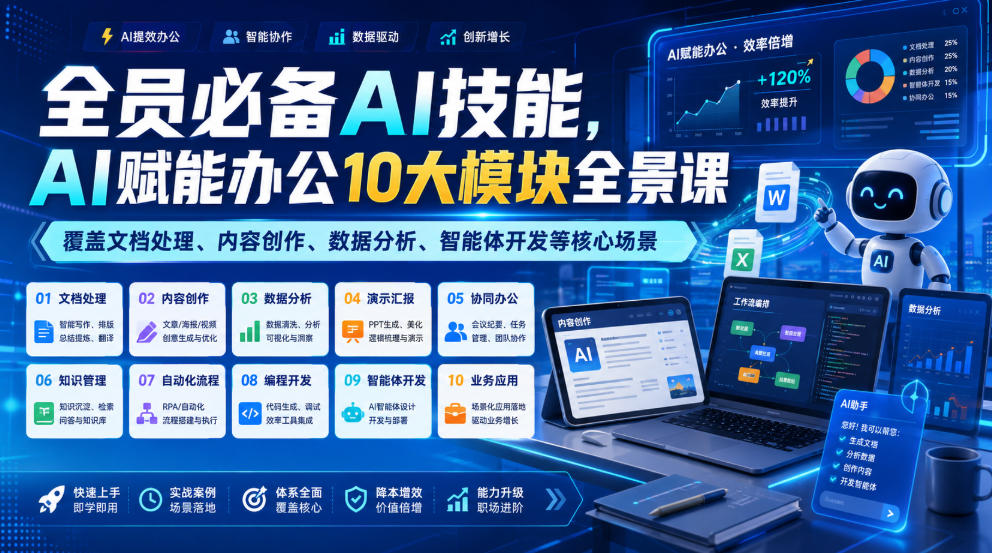 全员必备AI技能，AI赋能办公10大模块全景课，覆盖文档处理、内容创作、数据分析、智能体开发等核心场景瀚萌资源网-网赚网-网赚项目网-虚拟资源网-国学资源网-易学资源网-本站有全网最新网赚项目-易学课程资源-中医课程资源的在线下载网站！瀚萌资源网