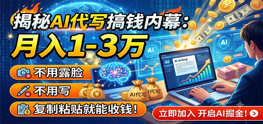 揭秘AI代写搞钱内幕：月入1-3万，不用露脸不用写，复制粘贴就能收钱！瀚萌资源网-网赚网-网赚项目网-虚拟资源网-国学资源网-易学资源网-本站有全网最新网赚项目-易学课程资源-中医课程资源的在线下载网站！瀚萌资源网