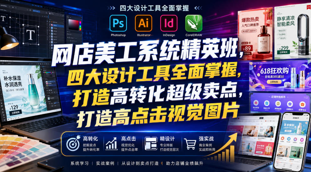 网店美工系统精英班，四大设计工具全面掌握，打造高转化超级卖点，打造高点击视觉图片（2026年7月）瀚萌资源网-网赚网-网赚项目网-虚拟资源网-国学资源网-易学资源网-本站有全网最新网赚项目-易学课程资源-中医课程资源的在线下载网站！瀚萌资源网
