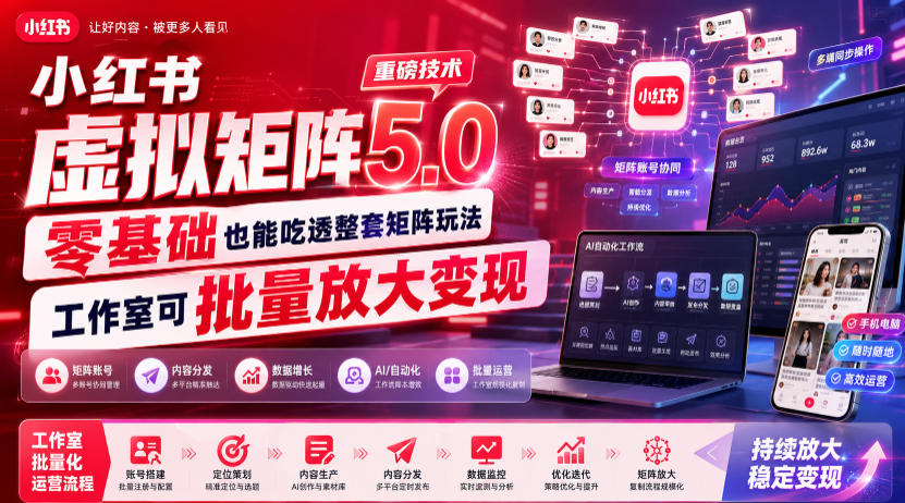 小红书虚拟矩阵5.0重磅技术，零基础也能吃透整套矩阵玩法，工作室可批量放大变现瀚萌资源网-网赚网-网赚项目网-虚拟资源网-国学资源网-易学资源网-本站有全网最新网赚项目-易学课程资源-中医课程资源的在线下载网站！瀚萌资源网