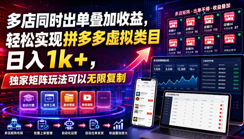 多店同时出单叠加收益，轻松实现拼多多虚拟类目日入1k+，独家矩阵玩法可以无限复制【揭秘】瀚萌资源网-网赚网-网赚项目网-虚拟资源网-国学资源网-易学资源网-本站有全网最新网赚项目-易学课程资源-中医课程资源的在线下载网站！瀚萌资源网