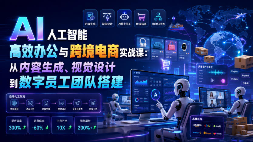 AI人工智能高效办公与跨境电商实战课：从内容生成、视觉设计到数字员工团队搭建瀚萌资源网-网赚网-网赚项目网-虚拟资源网-国学资源网-易学资源网-本站有全网最新网赚项目-易学课程资源-中医课程资源的在线下载网站！瀚萌资源网