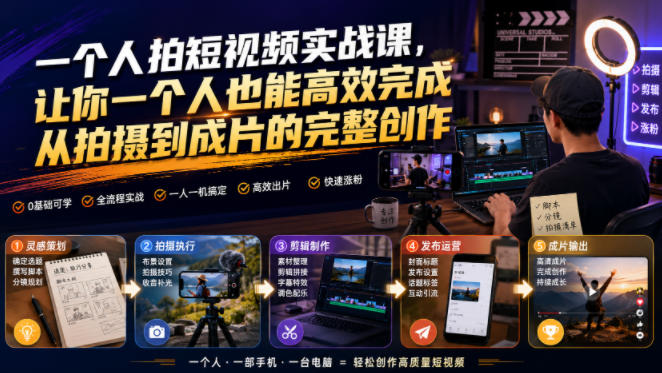 一个人拍短视频实战课，让你一个人也能高效完成从拍摄到成片的完整创作瀚萌资源网-网赚网-网赚项目网-虚拟资源网-国学资源网-易学资源网-本站有全网最新网赚项目-易学课程资源-中医课程资源的在线下载网站！瀚萌资源网