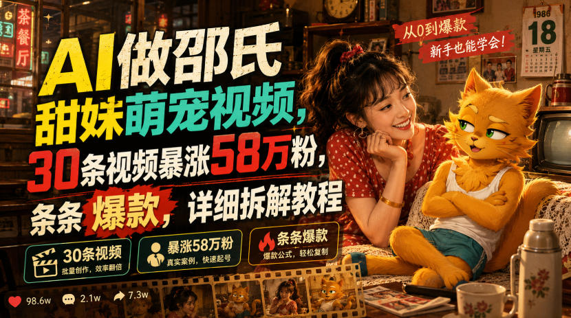 AI做邵氏甜妹萌宠视频，30条视频暴涨58万粉，条条爆款，详细拆解教程瀚萌资源网-网赚网-网赚项目网-虚拟资源网-国学资源网-易学资源网-本站有全网最新网赚项目-易学课程资源-中医课程资源的在线下载网站！瀚萌资源网