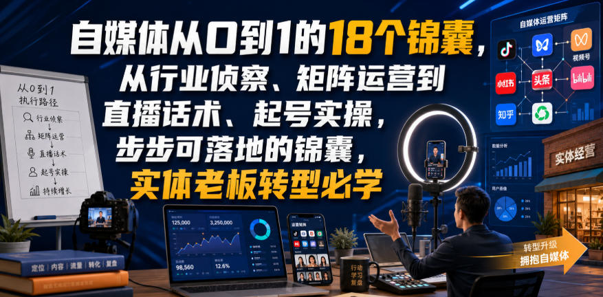 自媒体从0到1的18个锦囊，从行业侦察、矩阵运营到直播话术、起号实操，步步可落地的锦囊，实体老板转型必学瀚萌资源网-网赚网-网赚项目网-虚拟资源网-国学资源网-易学资源网-本站有全网最新网赚项目-易学课程资源-中医课程资源的在线下载网站！瀚萌资源网