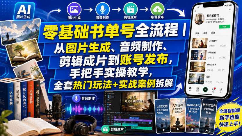 零基础书单号全流程｜从图片生成、音频制作、剪辑成片到账号发布，手把手实操教学，全套热门玩法+实战案例拆解瀚萌资源网-网赚网-网赚项目网-虚拟资源网-国学资源网-易学资源网-本站有全网最新网赚项目-易学课程资源-中医课程资源的在线下载网站！瀚萌资源网