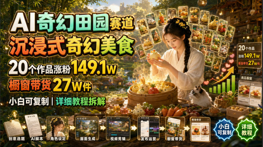AI奇幻田园赛道,沉浸式奇幻美食,20个作品涨粉149.1W,橱窗带货27W件,小白可复制,详细教程拆解瀚萌资源网-网赚网-网赚项目网-虚拟资源网-国学资源网-易学资源网-本站有全网最新网赚项目-易学课程资源-中医课程资源的在线下载网站!瀚萌资源网