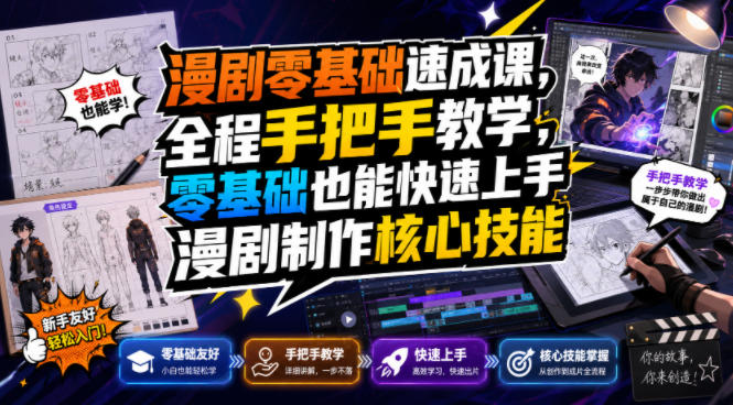 漫剧零基础速成课，全程手把手教学，零基础也能快速上手漫剧制作核心技能瀚萌资源网-网赚网-网赚项目网-虚拟资源网-国学资源网-易学资源网-本站有全网最新网赚项目-易学课程资源-中医课程资源的在线下载网站！瀚萌资源网
