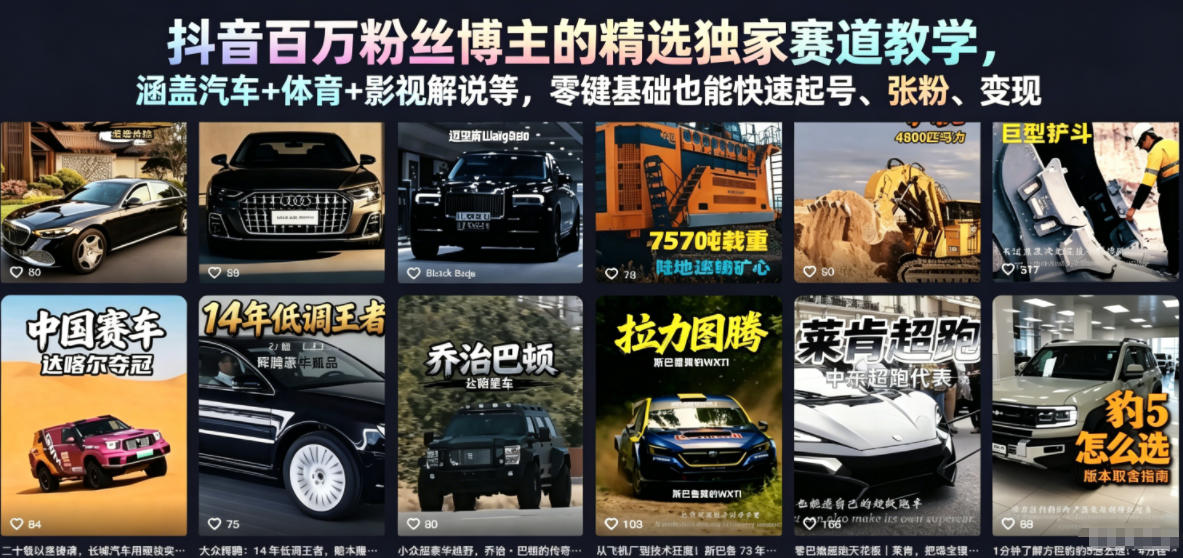 抖音百万粉丝博主的精选独家赛道教学，涵盖汽车+体育+影视解说等，零基础也能快速起号、涨粉、变现（更新0701）瀚萌资源网-网赚网-网赚项目网-虚拟资源网-国学资源网-易学资源网-本站有全网最新网赚项目-易学课程资源-中医课程资源的在线下载网站！瀚萌资源网