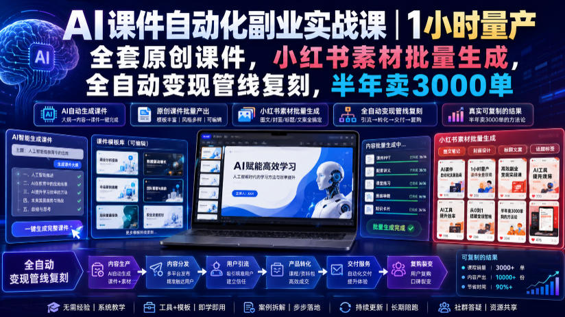 AI课件自动化副业实战课｜1小时量产全套原创课件，小红书素材批量生成，全自动变现管线复刻，半年卖3000单瀚萌资源网-网赚网-网赚项目网-虚拟资源网-国学资源网-易学资源网-本站有全网最新网赚项目-易学课程资源-中医课程资源的在线下载网站！瀚萌资源网