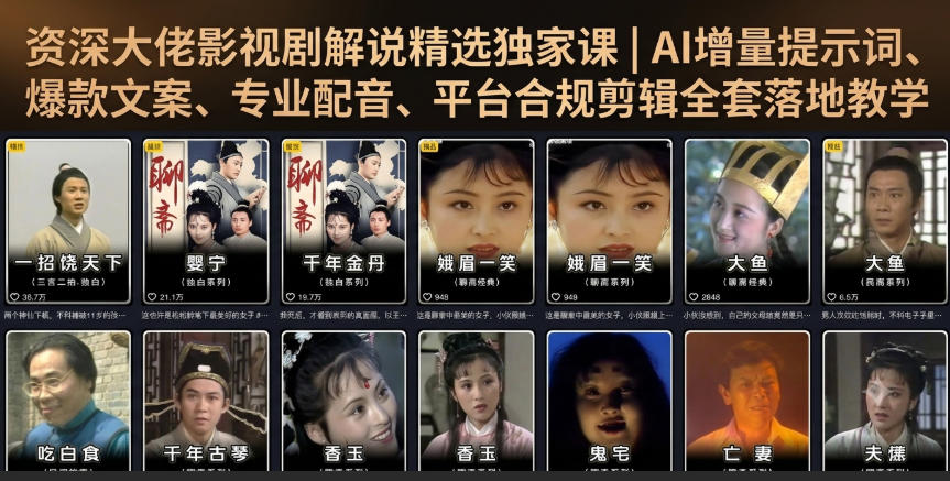 资深大佬影视剧解说精选独家课｜AI增量提示词、爆款文案、专业配音、平台合规剪辑全套落地教学瀚萌资源网-网赚网-网赚项目网-虚拟资源网-国学资源网-易学资源网-本站有全网最新网赚项目-易学课程资源-中医课程资源的在线下载网站！瀚萌资源网