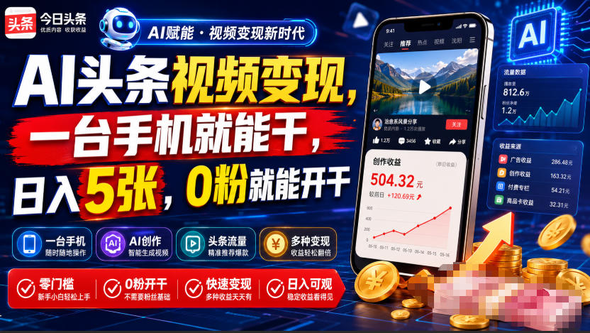 AI头条视频变现，一台手机就能干，日入5张，0粉就能开干瀚萌资源网-网赚网-网赚项目网-虚拟资源网-国学资源网-易学资源网-本站有全网最新网赚项目-易学课程资源-中医课程资源的在线下载网站！瀚萌资源网