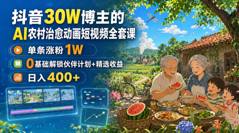 抖音30W博主的AI农村治愈动画短视频全套课｜单条涨粉1W，0基础解锁伙伴计划+精选收益，日入400+瀚萌资源网-网赚网-网赚项目网-虚拟资源网-国学资源网-易学资源网-本站有全网最新网赚项目-易学课程资源-中医课程资源的在线下载网站！瀚萌资源网