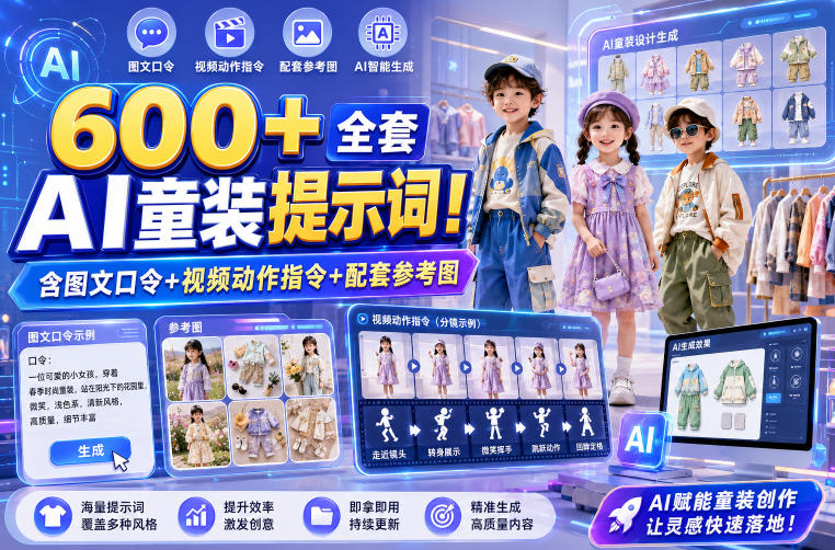 600+全套AI童装提示词！含图文口令+视频动作指令+配套参考图，Word-Excel规整分类，童装电商、种草无脑量产内容！瀚萌资源网-网赚网-网赚项目网-虚拟资源网-国学资源网-易学资源网-本站有全网最新网赚项目-易学课程资源-中医课程资源的在线下载网站！瀚萌资源网