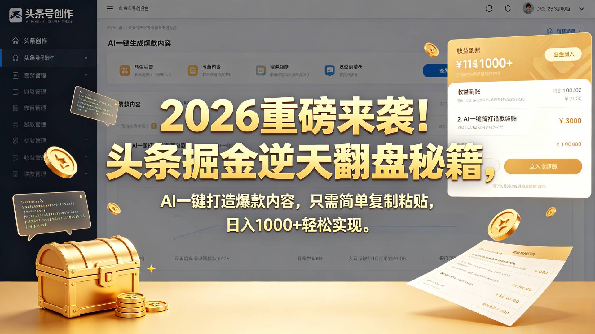 2026 重磅来袭！头条掘金逆天翻盘秘籍，AI 一键打造爆款内容，只需简单复制粘贴，日入 1000 + 轻松实现！瀚萌资源网-网赚网-网赚项目网-虚拟资源网-国学资源网-易学资源网-本站有全网最新网赚项目-易学课程资源-中医课程资源的在线下载网站！瀚萌资源网