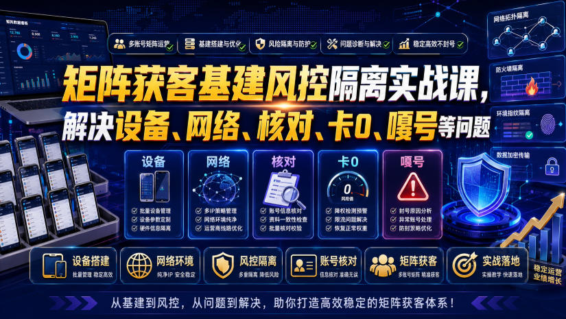 矩阵获客基建风控隔离实战课，解决设备、网络、核对、卡0、嘎号等问题瀚萌资源网-网赚网-网赚项目网-虚拟资源网-国学资源网-易学资源网-本站有全网最新网赚项目-易学课程资源-中医课程资源的在线下载网站！瀚萌资源网