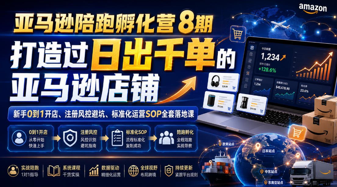 亚马逊陪跑孵化营8期，打造过日出千单的亚马逊店铺，新手0到1开店、注册风控避坑、标准化运营SOP全套落地课瀚萌资源网-网赚网-网赚项目网-虚拟资源网-国学资源网-易学资源网-本站有全网最新网赚项目-易学课程资源-中医课程资源的在线下载网站！瀚萌资源网