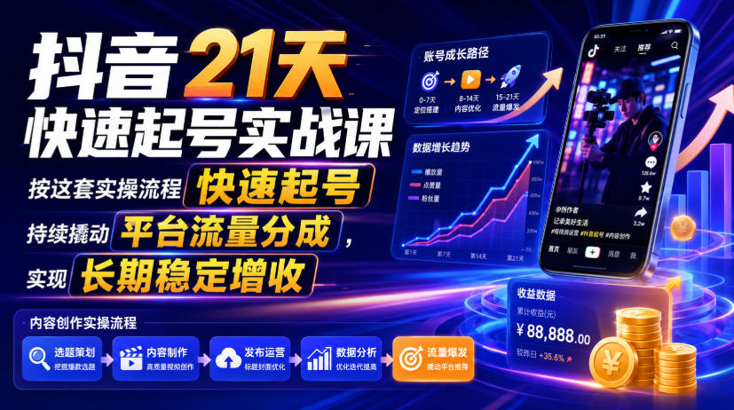 抖音21天快速起号实战课，按这套实操流程快速起号，持续撬动平台流量分成，实现长期稳定增收瀚萌资源网-网赚网-网赚项目网-虚拟资源网-国学资源网-易学资源网-本站有全网最新网赚项目-易学课程资源-中医课程资源的在线下载网站！瀚萌资源网