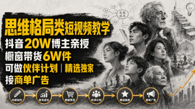 人性思维格局类短视频教学，抖音20W博主亲授，橱窗带货6W件，可做伙伴计划、精选独家、接商单广告瀚萌资源网-网赚网-网赚项目网-虚拟资源网-国学资源网-易学资源网-本站有全网最新网赚项目-易学课程资源-中医课程资源的在线下载网站！瀚萌资源网