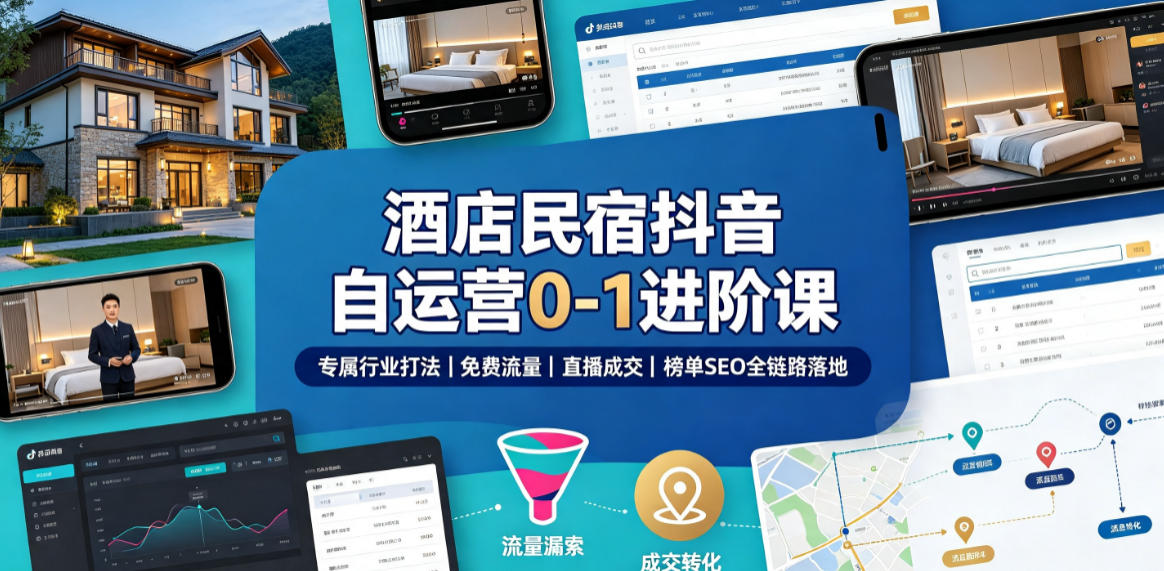 酒店民宿抖音自运营0-1进阶课｜专属行业打法、免费流量+直播成交+榜单SEO全链路落地瀚萌资源网-网赚网-网赚项目网-虚拟资源网-国学资源网-易学资源网-本站有全网最新网赚项目-易学课程资源-中医课程资源的在线下载网站！瀚萌资源网