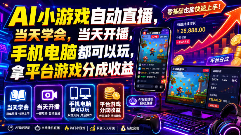 AI小游戏自动直播，当天学会，当天开播，手机电脑都可以玩，拿平台游戏分成收益瀚萌资源网-网赚网-网赚项目网-虚拟资源网-国学资源网-易学资源网-本站有全网最新网赚项目-易学课程资源-中医课程资源的在线下载网站！瀚萌资源网