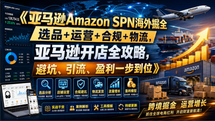 亚马逊Amazon SPN海外掘全，选品+运营+合规+物流，亚马逊开店全攻略，避坑、引流、盈利一步到位瀚萌资源网-网赚网-网赚项目网-虚拟资源网-国学资源网-易学资源网-本站有全网最新网赚项目-易学课程资源-中医课程资源的在线下载网站！瀚萌资源网