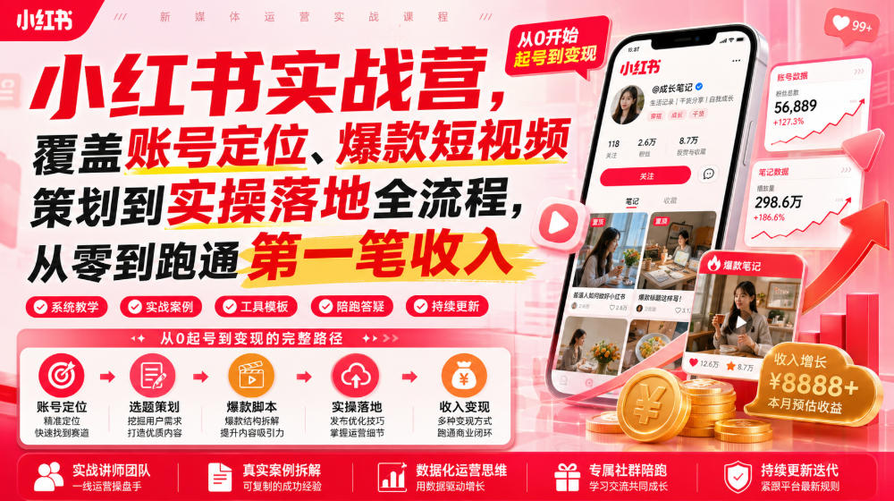 小红书实战营，覆盖账号定位、爆款短视频策划到实操落地全流程，从零到跑通第一笔收入瀚萌资源网-网赚网-网赚项目网-虚拟资源网-国学资源网-易学资源网-本站有全网最新网赚项目-易学课程资源-中医课程资源的在线下载网站！瀚萌资源网