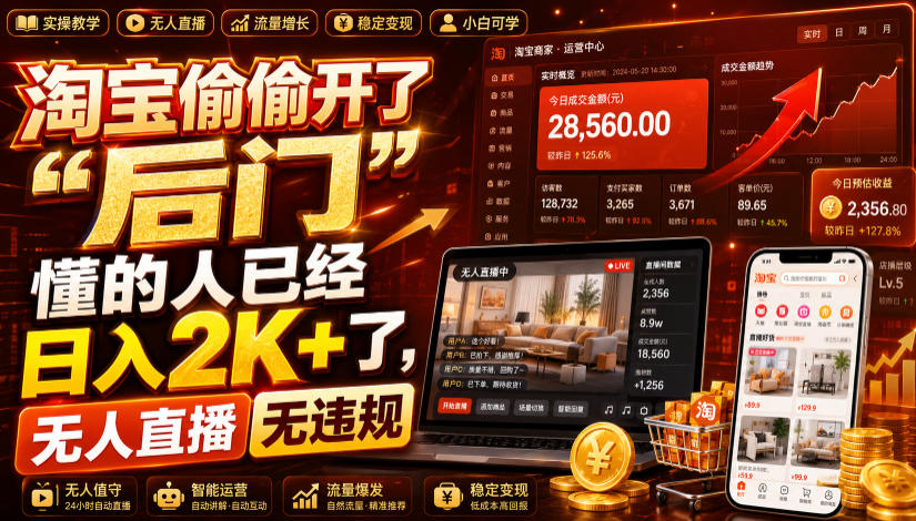 淘宝偷偷开了“后门”，懂的人已经日入2K+了，无人直播无违规，一台电脑=一家24小时营业的线上门店【揭秘】瀚萌资源网-网赚网-网赚项目网-虚拟资源网-国学资源网-易学资源网-本站有全网最新网赚项目-易学课程资源-中医课程资源的在线下载网站！瀚萌资源网