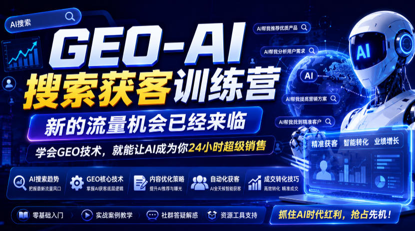 GEO-AI搜索获客训练营，新的流量机会已经来临，学会GEO技术，就能让AI成为你24小时超级销售瀚萌资源网-网赚网-网赚项目网-虚拟资源网-国学资源网-易学资源网-本站有全网最新网赚项目-易学课程资源-中医课程资源的在线下载网站！瀚萌资源网
