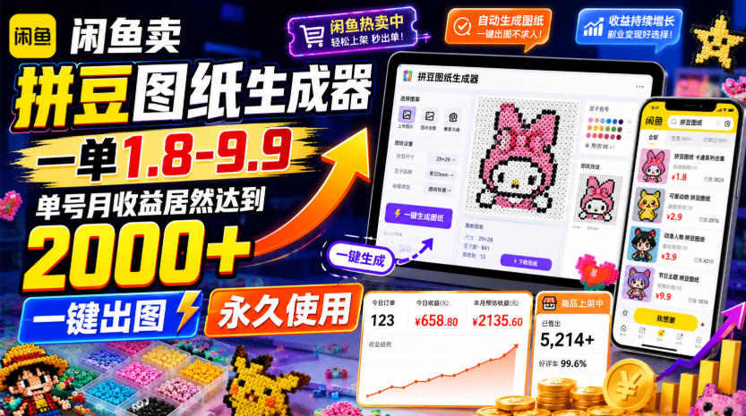 闲鱼卖拼豆图纸生成器，一单1.8-9.9，单号月收益居然达到2000+一键出图永久使用瀚萌资源网-网赚网-网赚项目网-虚拟资源网-国学资源网-易学资源网-本站有全网最新网赚项目-易学课程资源-中医课程资源的在线下载网站！瀚萌资源网