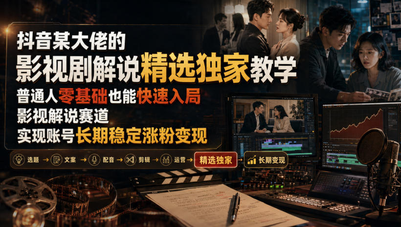 抖音某大佬的影视剧解说精选独家教学，普通人零基础也能快速入局影视解说赛道，实现账号长期稳定变现瀚萌资源网-网赚网-网赚项目网-虚拟资源网-国学资源网-易学资源网-本站有全网最新网赚项目-易学课程资源-中医课程资源的在线下载网站！瀚萌资源网
