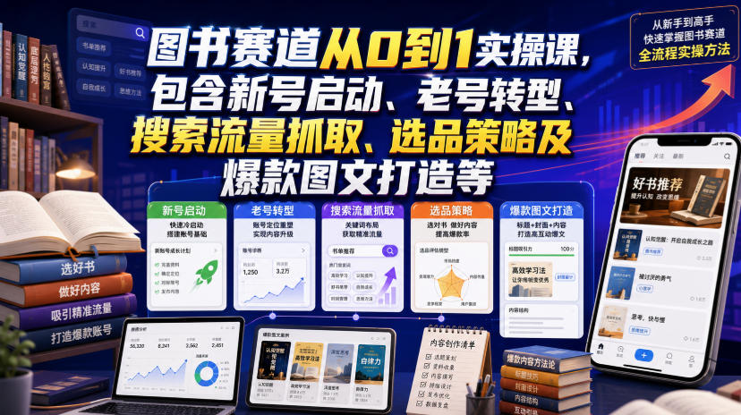 图书赛道从0到1实操课，包含新号启动、老号转型、搜索流量抓取、选品策略及爆款图文打造等瀚萌资源网-网赚网-网赚项目网-虚拟资源网-国学资源网-易学资源网-本站有全网最新网赚项目-易学课程资源-中医课程资源的在线下载网站！瀚萌资源网