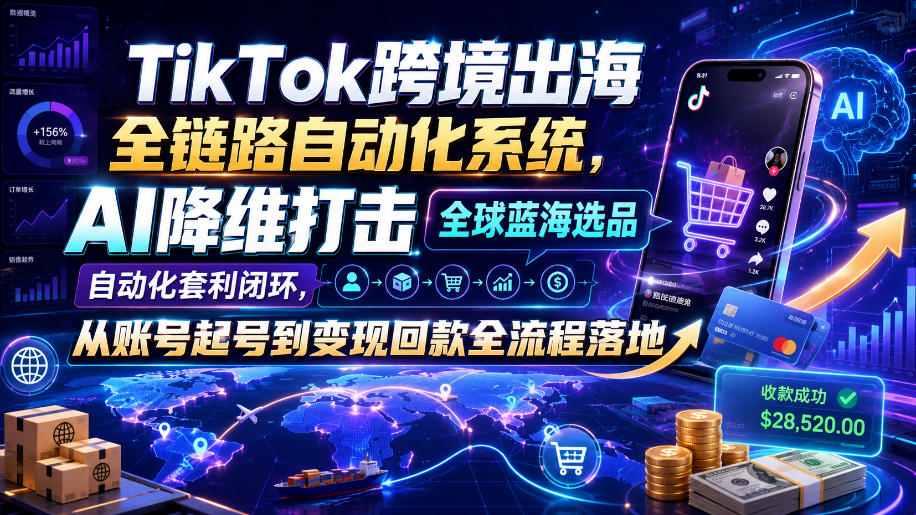 TikTok跨境出海全链路自动化系统，AI降维打击全球蓝海选品自动化套利闭环，从账号起号到变现回款全流程落地（2026年7月）瀚萌资源网-网赚网-网赚项目网-虚拟资源网-国学资源网-易学资源网-本站有全网最新网赚项目-易学课程资源-中医课程资源的在线下载网站！瀚萌资源网