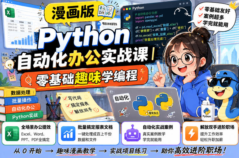 漫画版Python自动化办公实战课｜零基础趣味学编程，全场景办公提效、批量搞定报表文档、解放双手进阶职场瀚萌资源网-网赚网-网赚项目网-虚拟资源网-国学资源网-易学资源网-本站有全网最新网赚项目-易学课程资源-中医课程资源的在线下载网站！瀚萌资源网