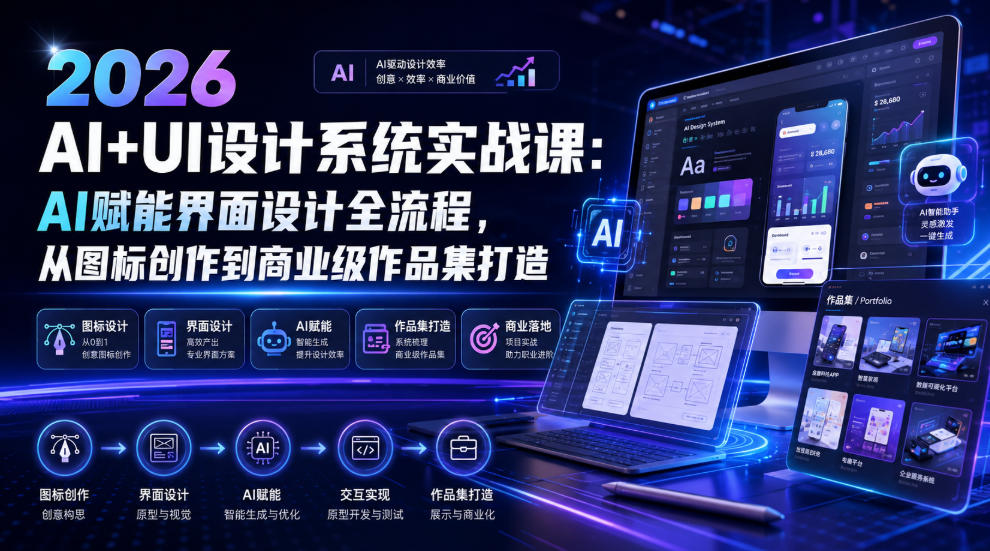 2026 AI+UI设计系统实战课：AI赋能界面设计全流程，从图标创作到商业级作品集打造瀚萌资源网-网赚网-网赚项目网-虚拟资源网-国学资源网-易学资源网-本站有全网最新网赚项目-易学课程资源-中医课程资源的在线下载网站！瀚萌资源网