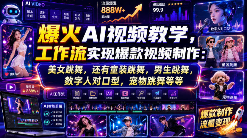 爆火AI视频教学，工作流实现爆款视频制作：美女跳舞，还有童装跳舞，男生跳舞，数字人对口型，宠物跳舞等等瀚萌资源网-网赚网-网赚项目网-虚拟资源网-国学资源网-易学资源网-本站有全网最新网赚项目-易学课程资源-中医课程资源的在线下载网站！瀚萌资源网